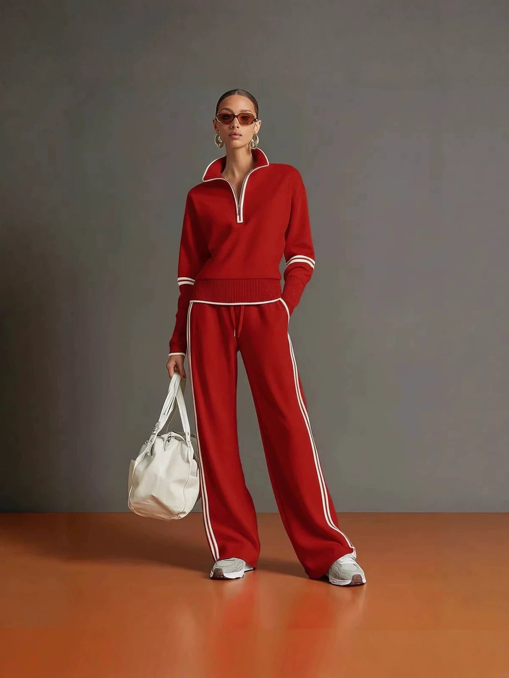 Half-Zip Knit Top and Wide-Leg Pants Set in red – view 3