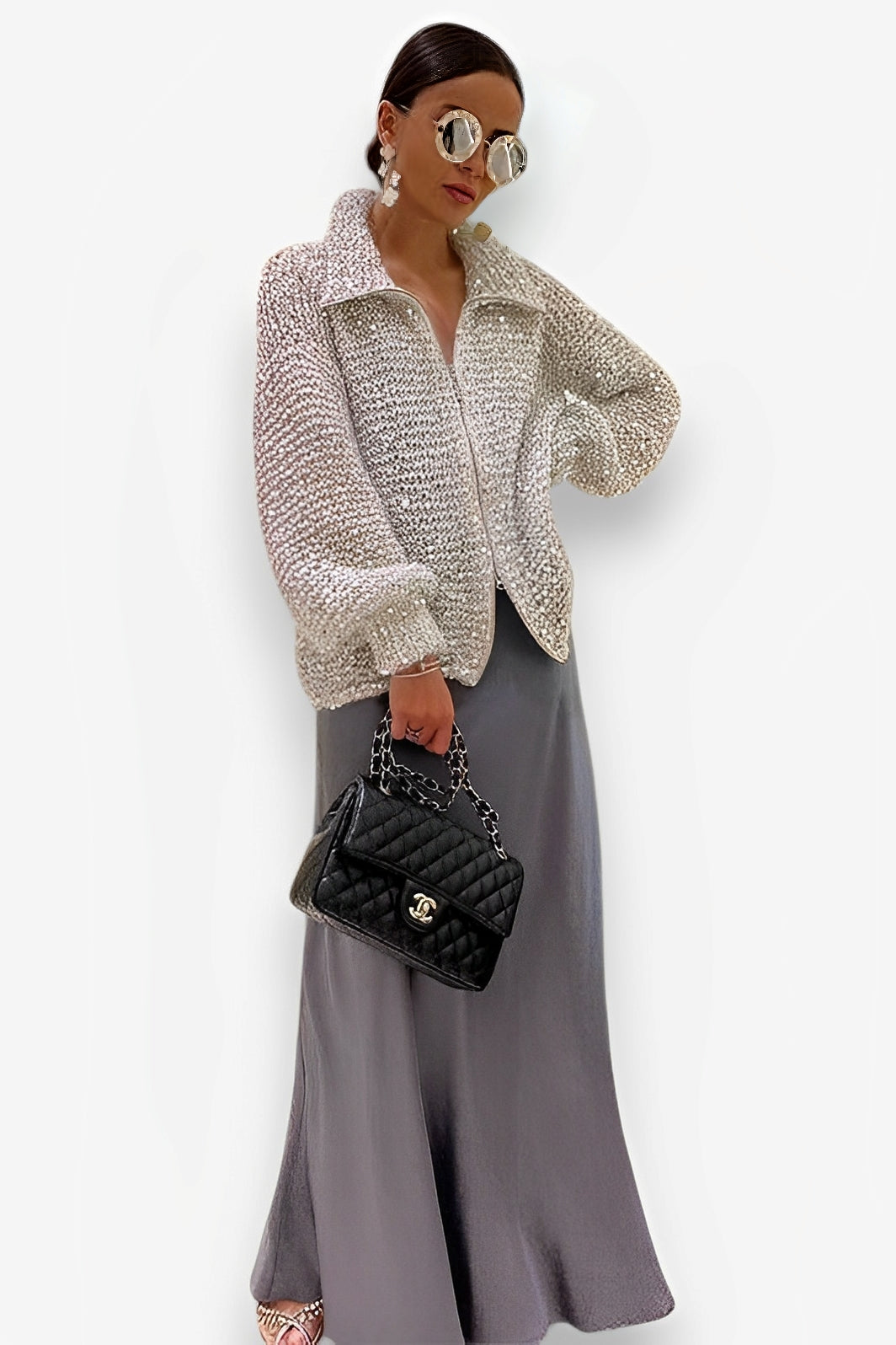 Sequined lazy style sweater jacket