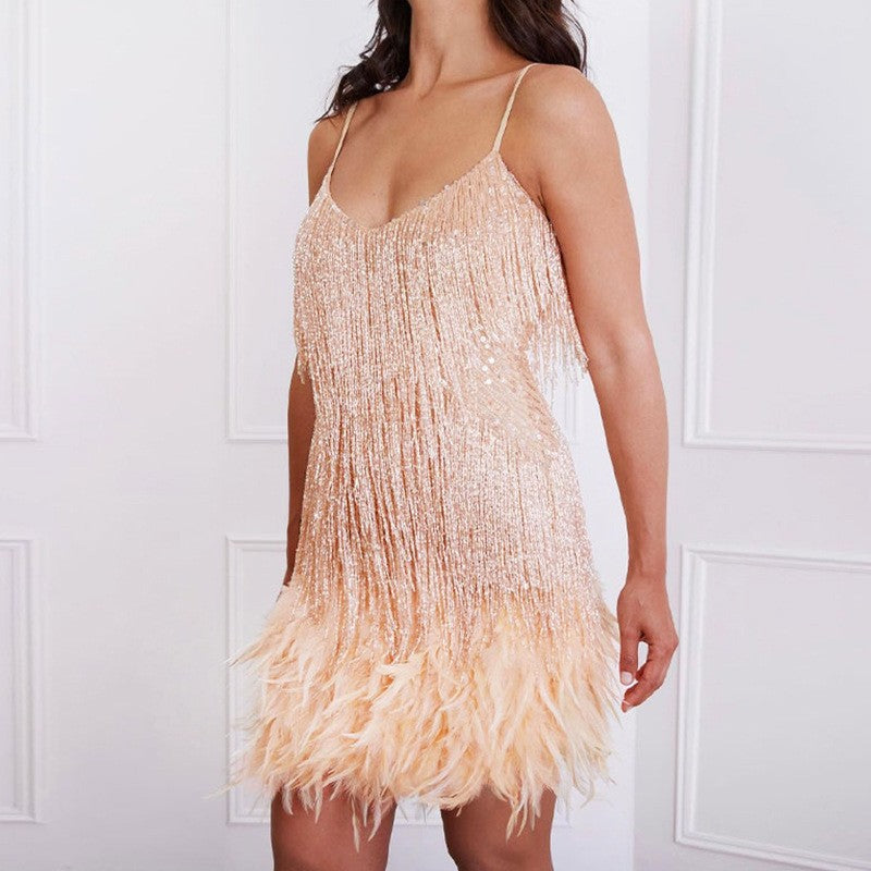 Sequin Feather Fringe Cami Mini Dress in champagne – view 2
