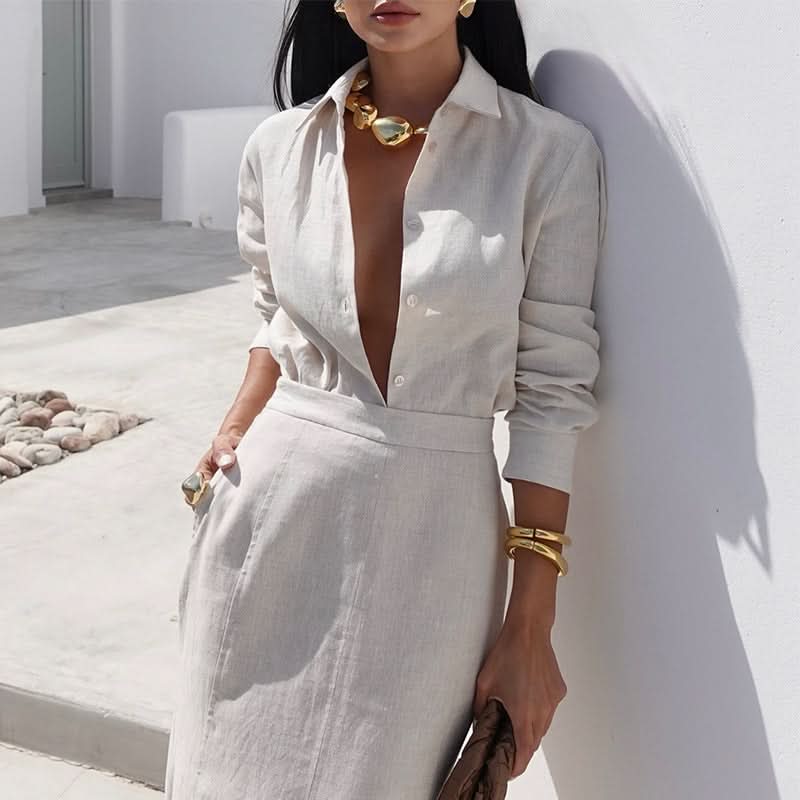 beige two piece dress Beige Two-Piece Skirt Suit with Plunge Blouse