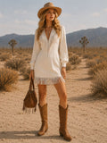 Faux Suede Fringe Western Mini Dress in ivory