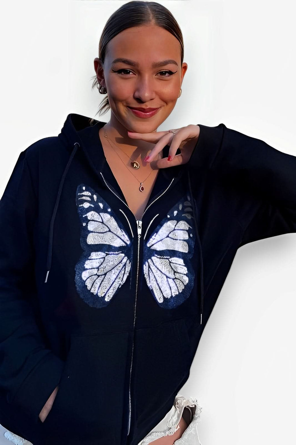 Butterfly hot diamond zipper hooded - Hoodies from The Woman Concept