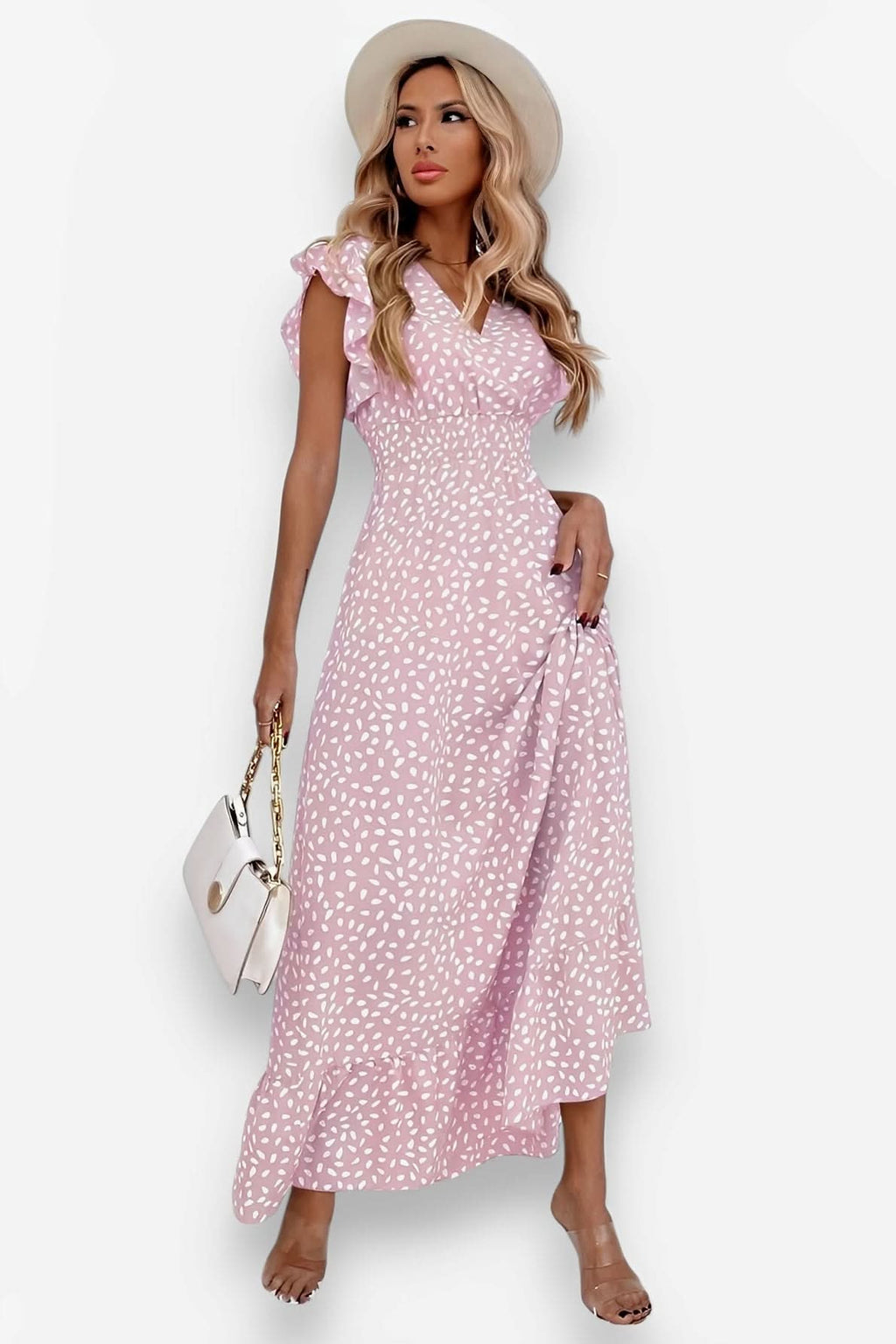 V-Neck Ruffle Sleeve High Waist Dress - Dress from The Woman Concept