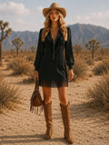 Faux Suede Fringe Western Mini Dress in black – view 5