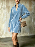 Velvet V-Neck Collared Shift Dress in sky blue – view 3