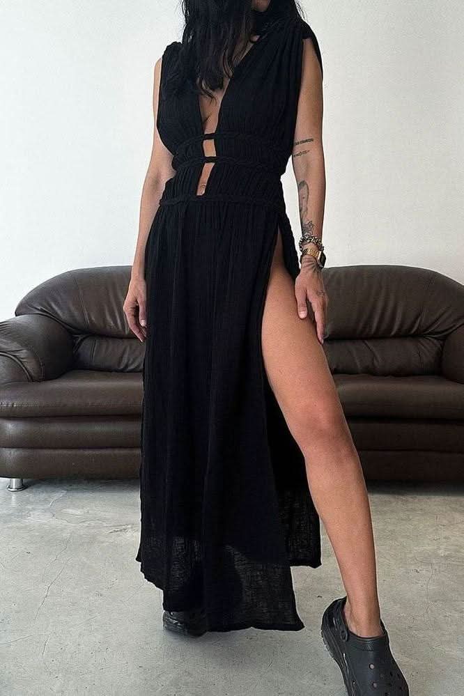 Braided Belt Hollow Slit Long dress - view 5