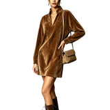 Velvet V-Neck Collared Shift Dress in dark brown – view 4