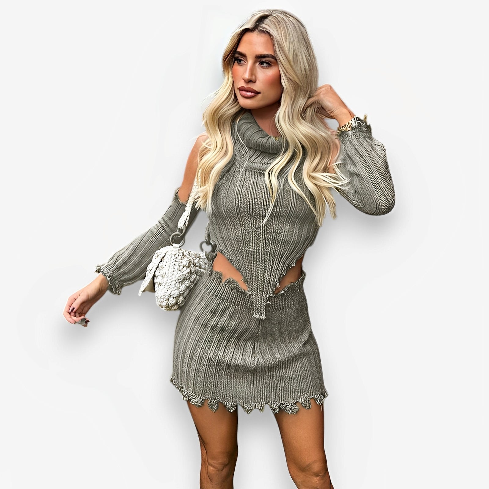 turtleneck knitted backless two-piece set