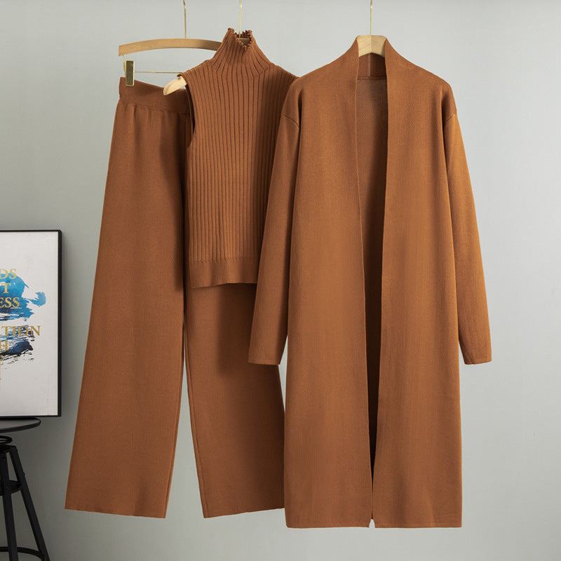 Three-Piece Knit Set with Long Cardigan in caramel – view 6
