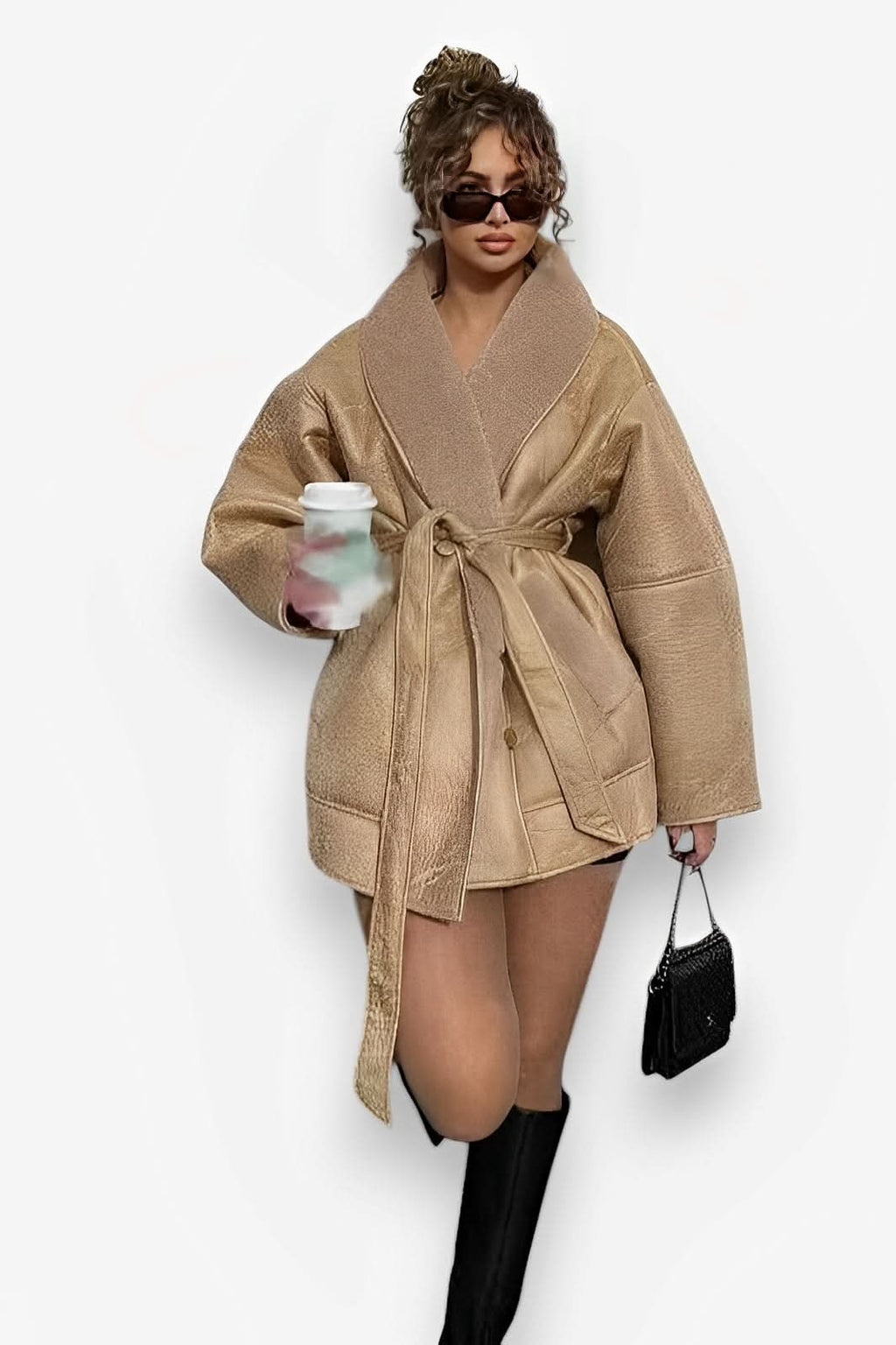 Cashmere Leather Fur Collar Composite Belt Coat - Coats & Jackets from The Woman Concept