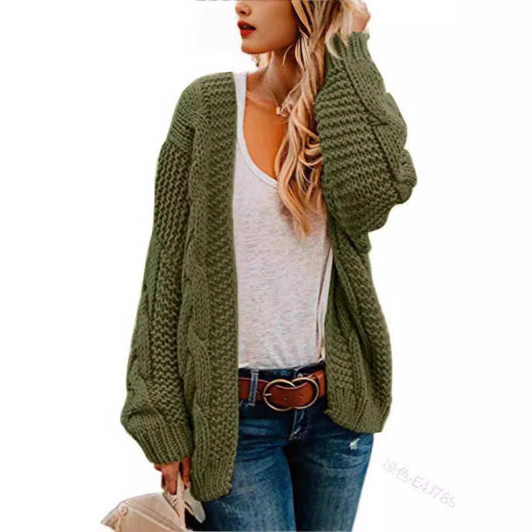 Chunky Cable Knit Open-Front Cardigan in army green – view 2