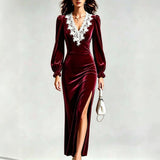 Velvet Lace V-Neck Slit Midi Dress in burgundy – view 5