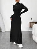 Ribbed Mock Neck Long Sleeve Maxi Dress in black – view 3