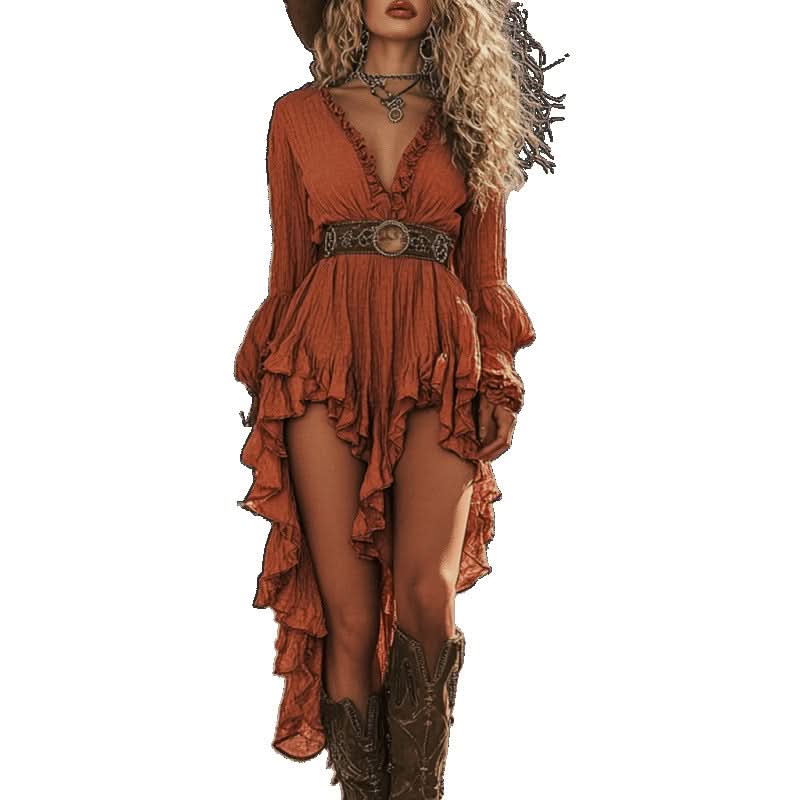orange western dress Lcziwo Women Summer Western Dresses Halloween Gothic Cowgirl Midi Sundress V Neck Long Sleeve Dresses Casual Retro Ruffed 2025 Outfits Coffee,XXL