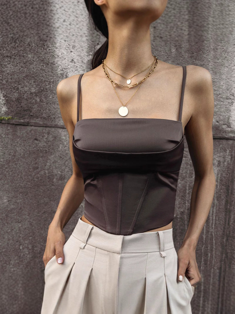 Satin Corset Cami Crop Top in brown – view 5