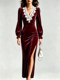 Velvet Lace V-Neck Slit Midi Dress in burgundy