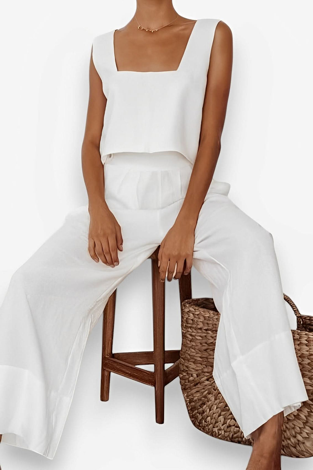 Wide-Leg Pants Square Neck Vest Two-Piece Suit - Two-Piece Sets from The Woman Concept
