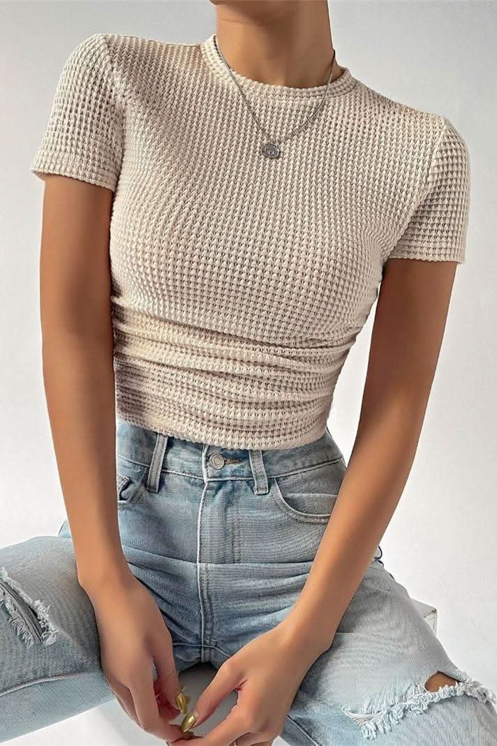 Slim Versatile Pleated Round Neck T-shirt - Side View