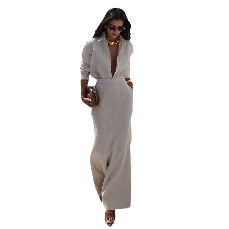 Beige Two-Piece Skirt Suit with Plunge Blouse - Image 6