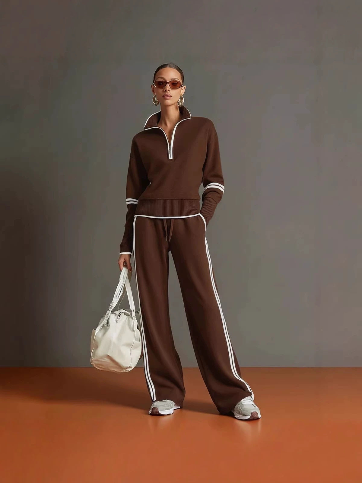 Half-Zip Knit Top and Wide-Leg Pants Set in brown – view 2