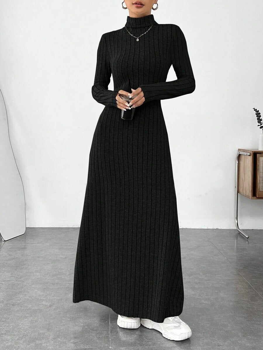 Ribbed Mock Neck Long Sleeve Maxi Dress in black