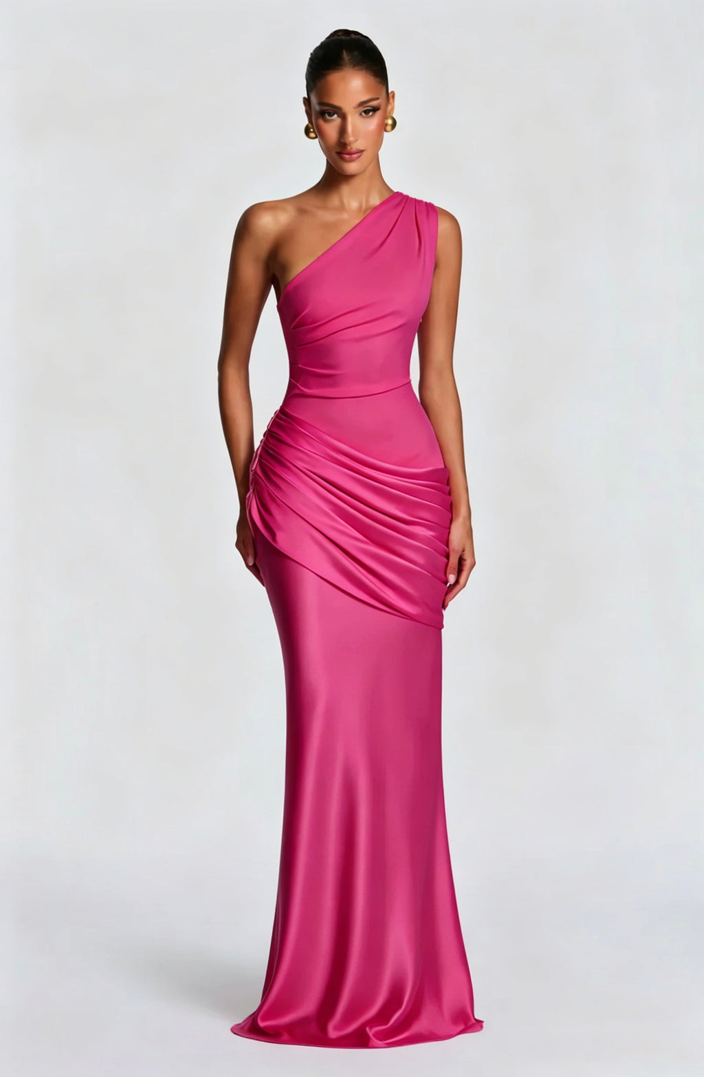 One-Shoulder Ruched Satin Maxi Dress in rose red