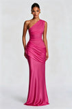 One-Shoulder Ruched Satin Maxi Dress in rose red
