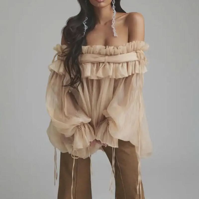 Off-Shoulder Beige Ruffle Chiffon Blouse - Front View