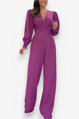 V-Neck Long Sleeve Jumpsuit - Purple / S