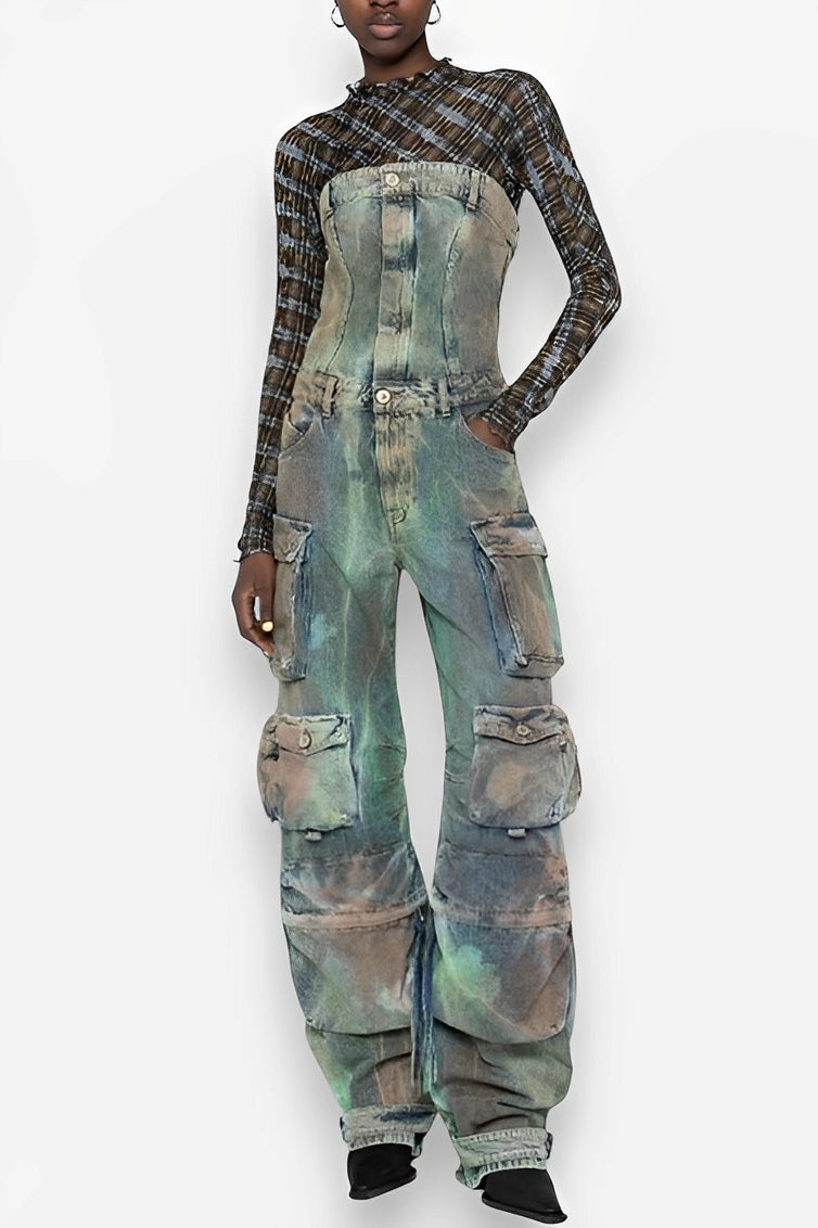 Street cargo jumpsuit and mid-waist tie-dye effect
