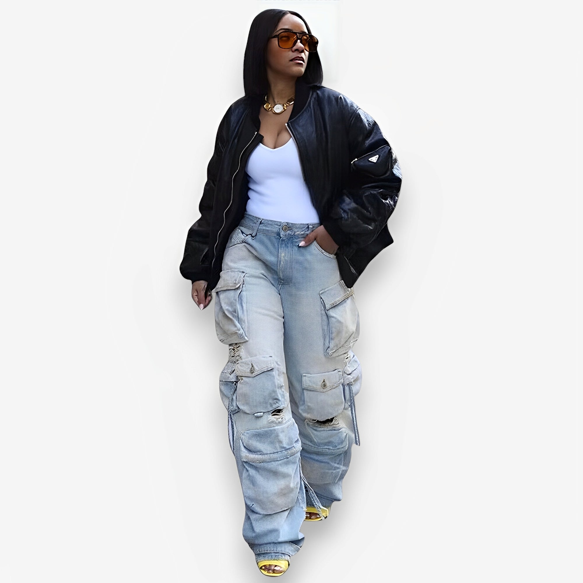 Retro multi-pocket denim pants