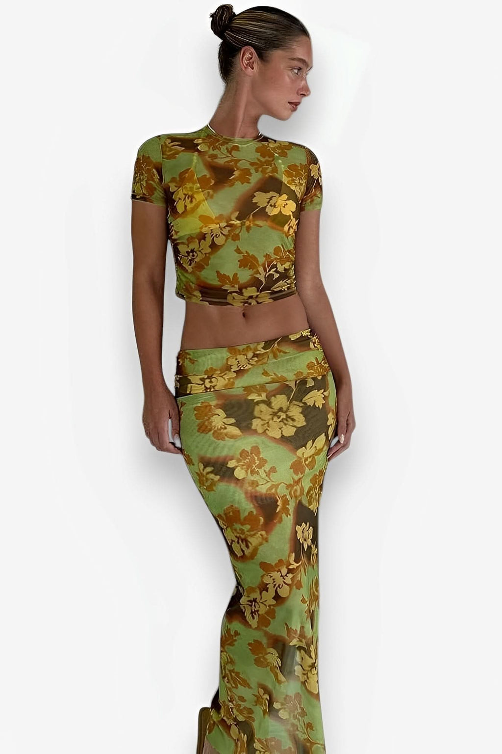 Japanese Flower Print Mesh Skirt Suit - skirt suit from The Woman Concept