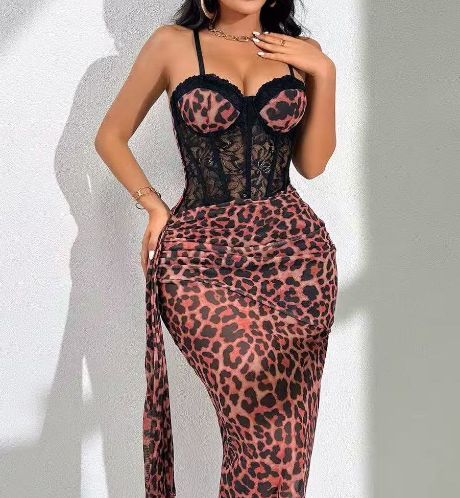 Leopard Print Lace Cami Maxi Dress in pink leopard