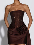 Rhinestone Corset Satin Draped Mini Dress in brown – view 6