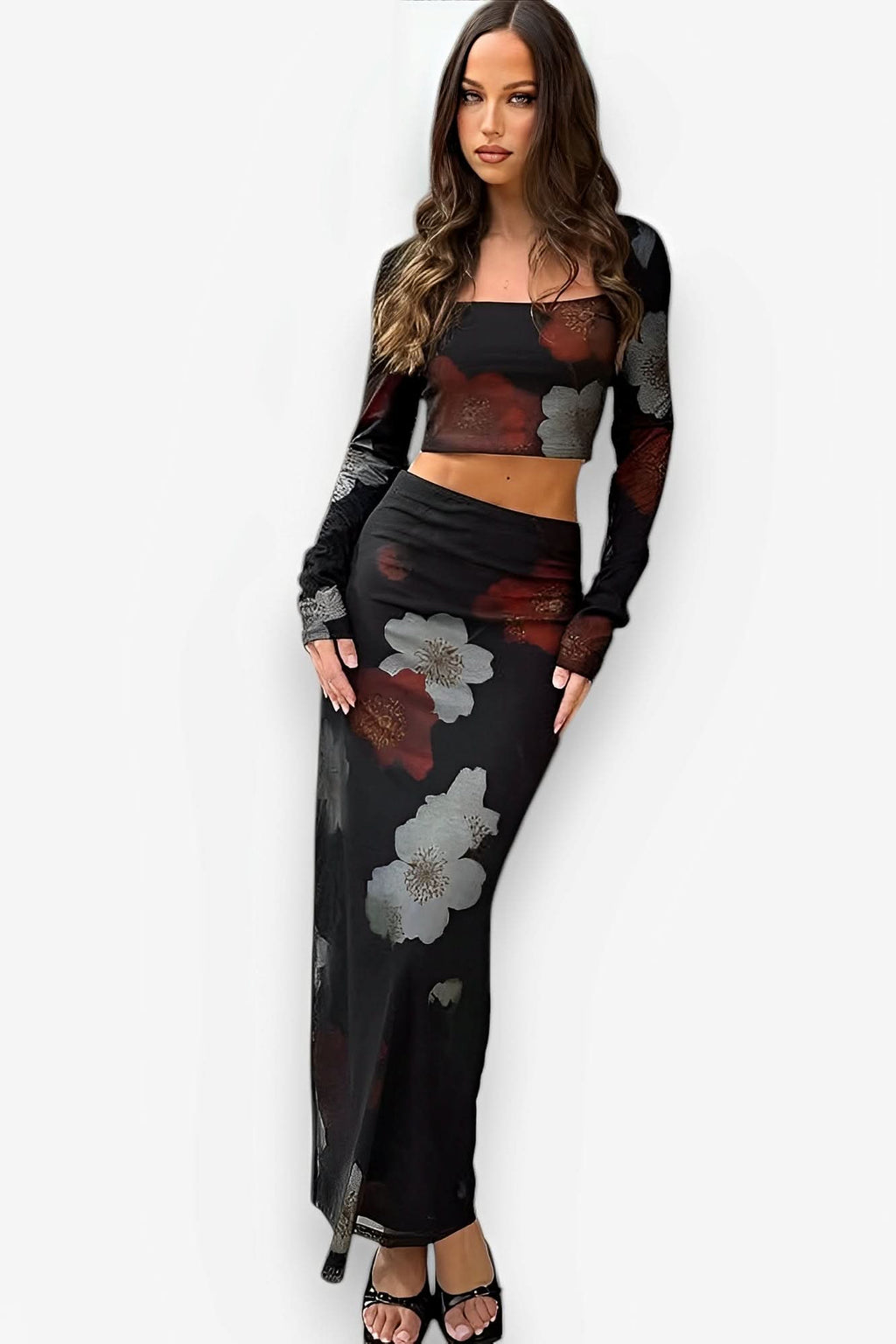 Long-Sleeved Floral Printed Skirt Suit - suits from The Woman Concept