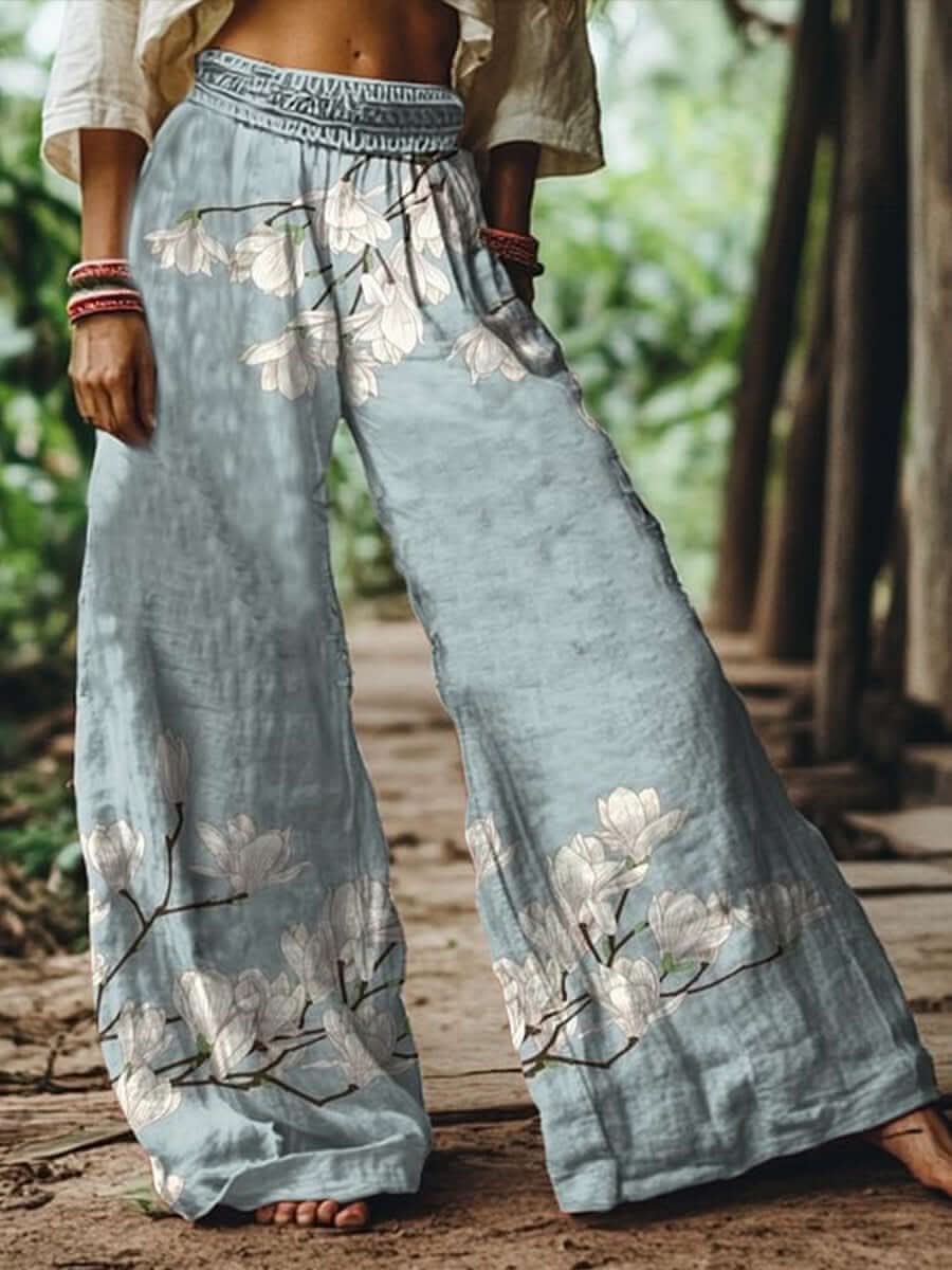 Boho Bloom Pants with floral embroidery, featuring a wide-leg fit for a free-spirited bohemian style, ideal for summer outings.