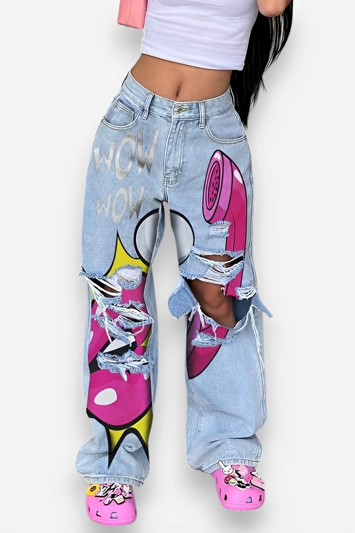 Wide leg jeans with raw edges and holes