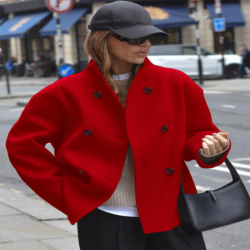 Double-Breasted Cropped Wool-Look Jacket in red – view 3
