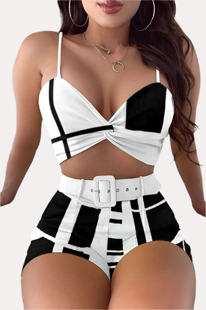 Black and White strappy swimsuit With Belt - Front View