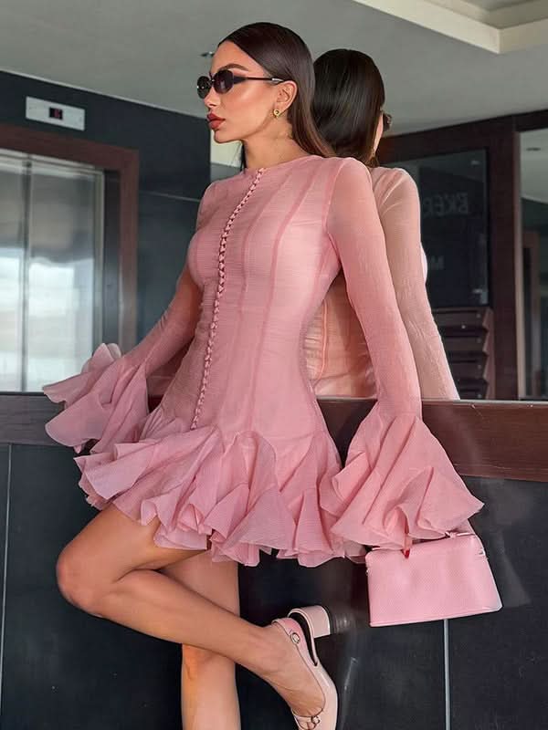 Buttoned Floral Bud Long Sleeve Slim Ruffle Dress - Side View