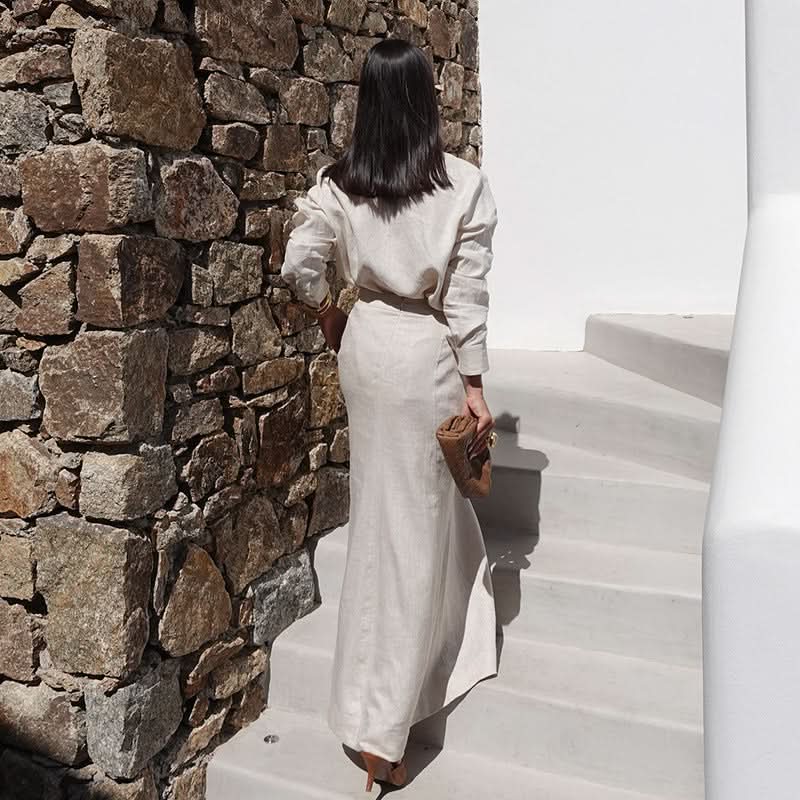 Beige Two-Piece Skirt Suit with Plunge Blouse - Image 4