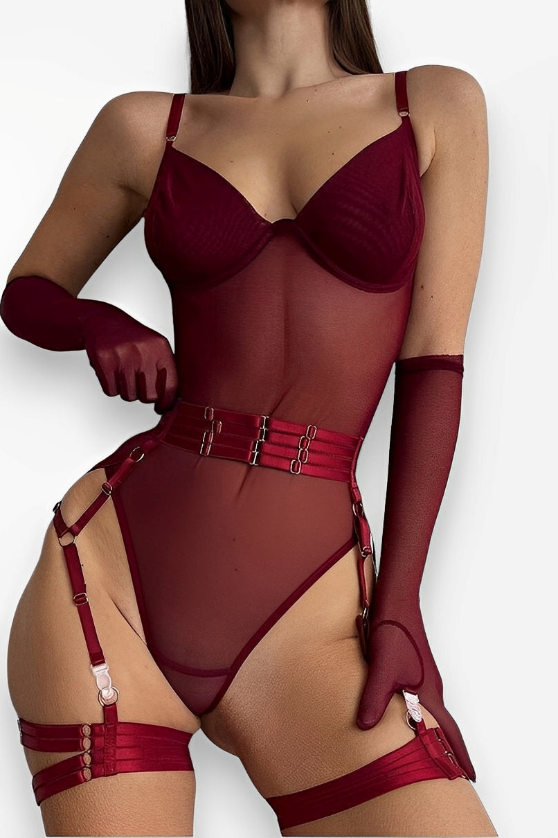 One-piece bodysuit with gloves