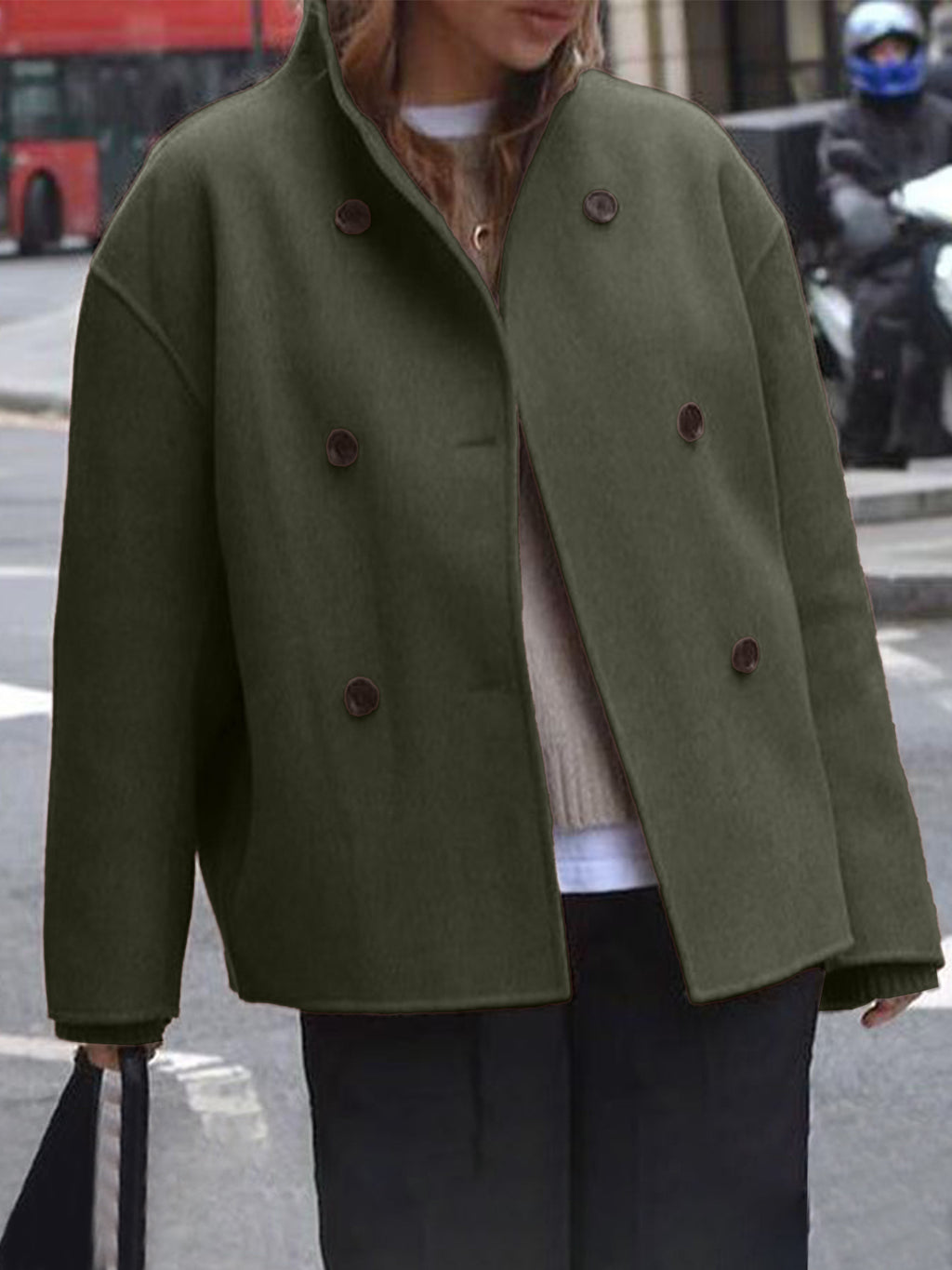 Double-Breasted Cropped Wool-Look Jacket in army green – view 7