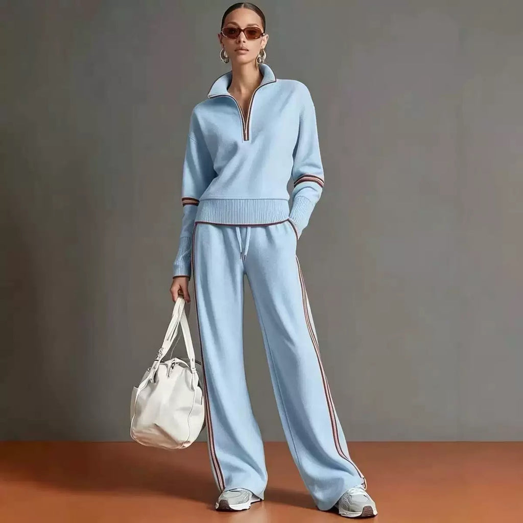 Half-Zip Knit Top and Wide-Leg Pants Set in sky blue – view 6