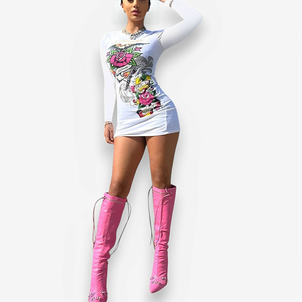 White printed slim urban style dress - dresses from The Woman Concept