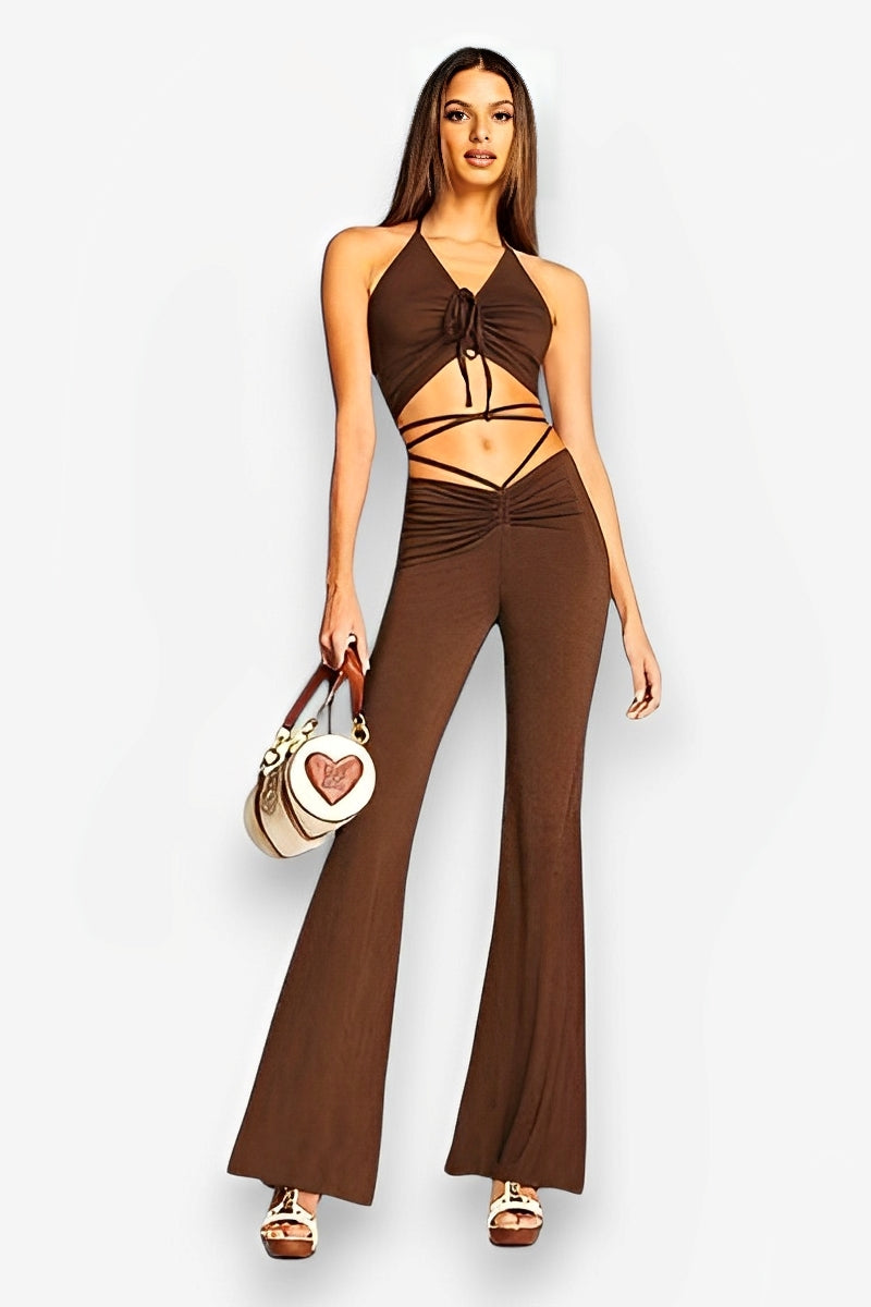 Lace-up crop top & pleated pants two-piece set