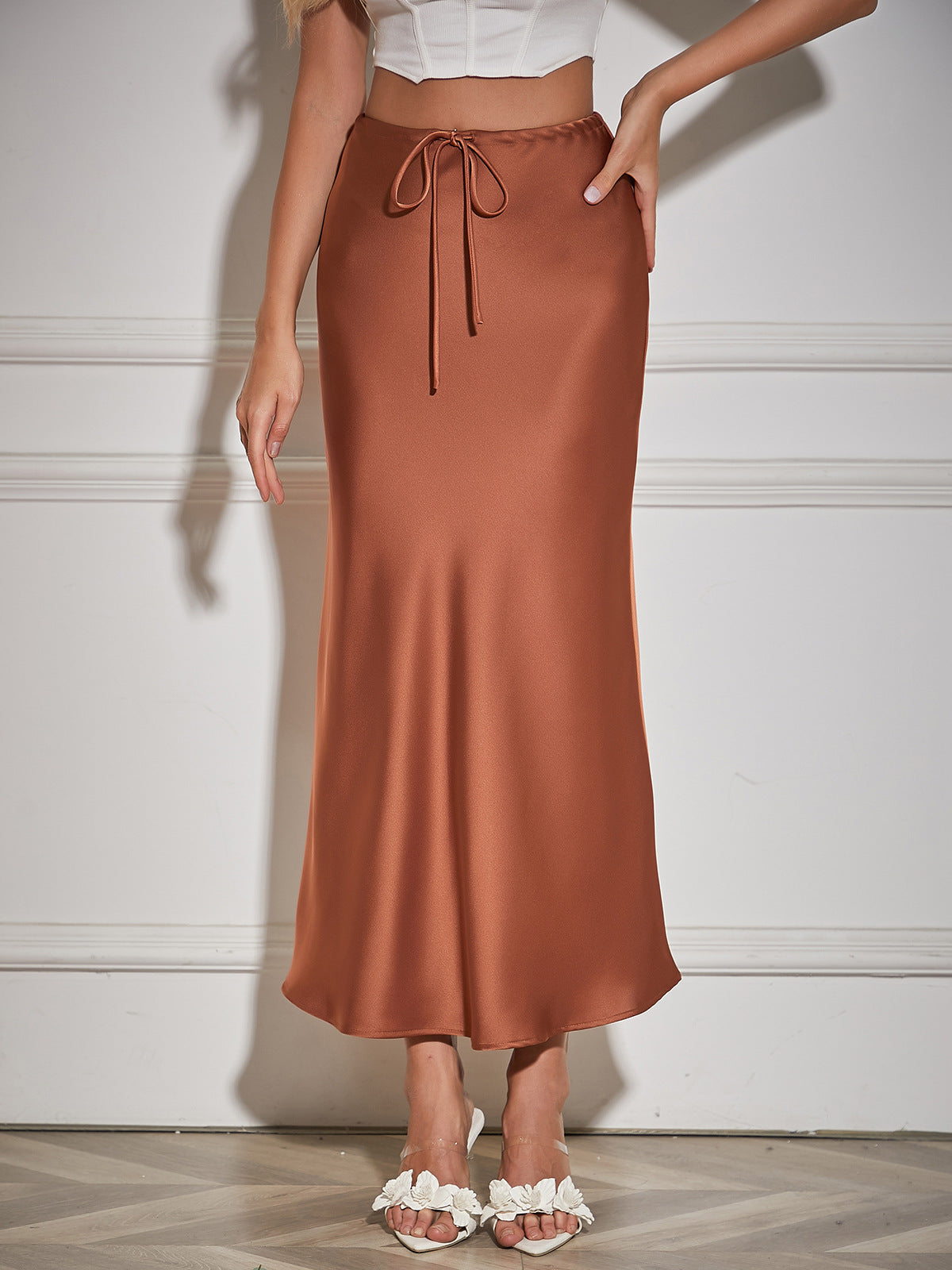 Satin Drawstring Midi Skirt in rust brown