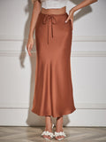 Satin Drawstring Midi Skirt in rust brown