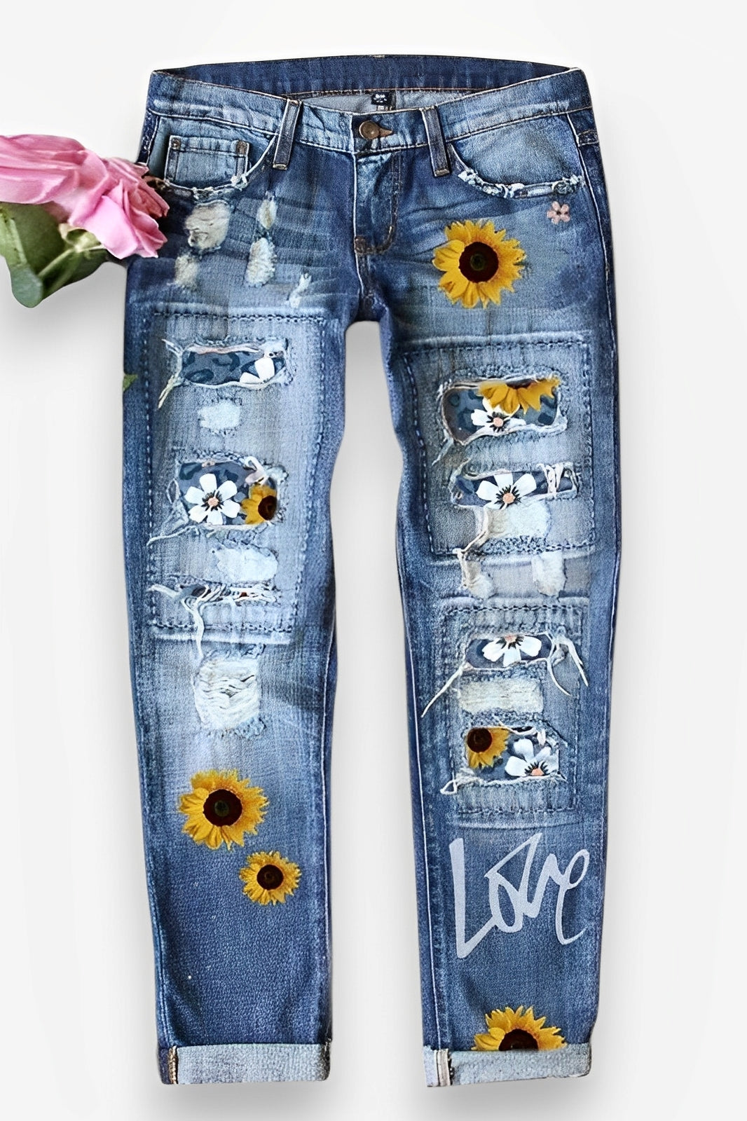 Spot Hole Mid-Waist Straight Jeans