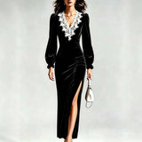 Velvet Lace V-Neck Slit Midi Dress in black – view 3